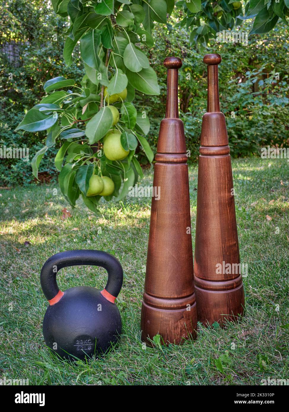 Eiserne Kugelhantel und persische Holzmellen in einem Hinterhof mit asiatischem Birnenbaum, Fitnesskonzept Stockfoto