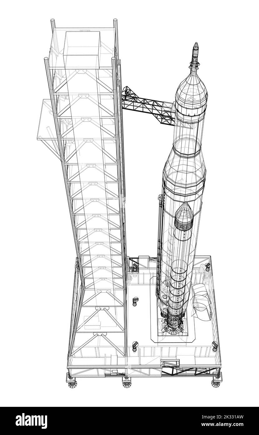 Space Rocket auf der Startrampe. Vektorrendering von 3D Stock Vektor