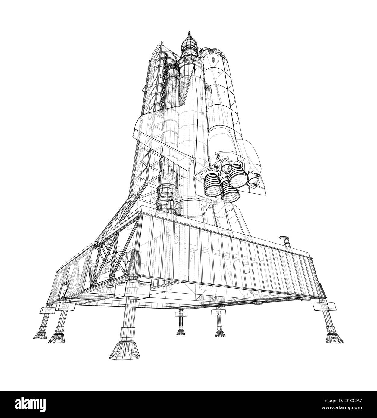Space Rocket auf der Startrampe. Vektorrendering von 3D Stock Vektor