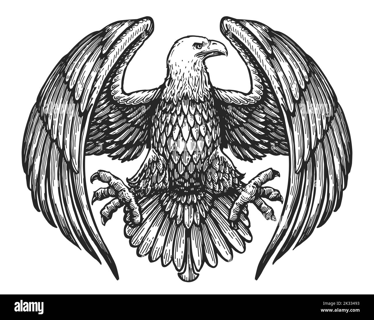 Adler mit ausgebreiteten Flügeln. Königliches Symbol. Handgezeichnete Skizze im Vintage-Gravurstil. Vektorgrafik Stock Vektor