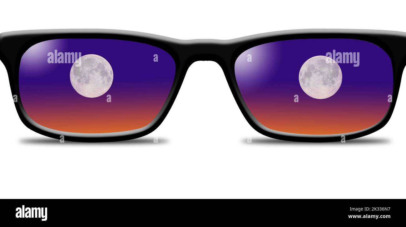 Der Mond ist in diesen Brillen in einer 3-d-Illustration zu sehen, in der es um die Idee geht, wieder zum Mond zu gehen. Stockfoto