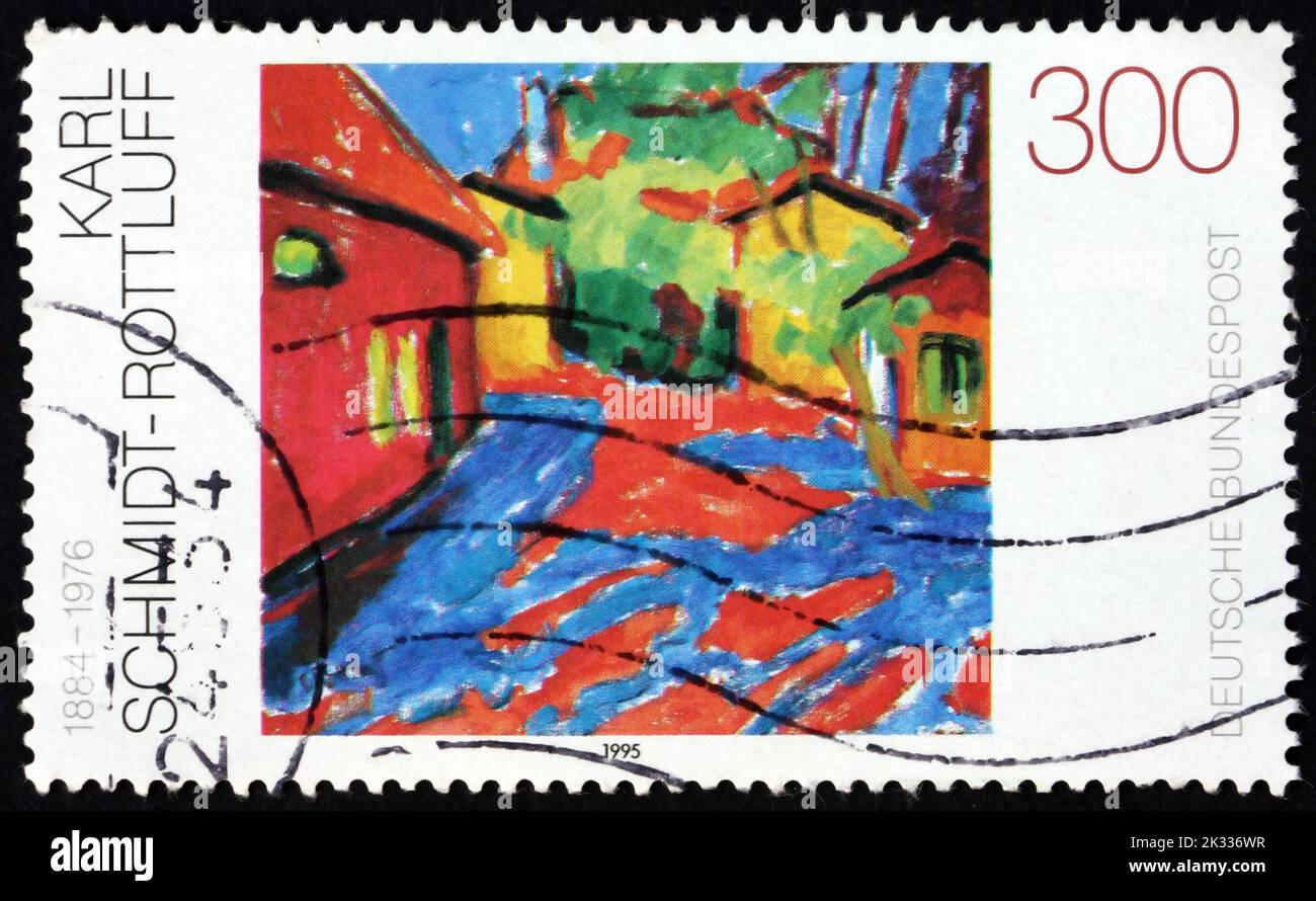 DEUTSCHLAND - UM 1995: Eine in Deutschland gedruckte Briefmarke zeigt einen Nachlass in Dangast, Gemälde des deutschen Malers Karl Schmidt-Rottluff um 1995 Stockfoto