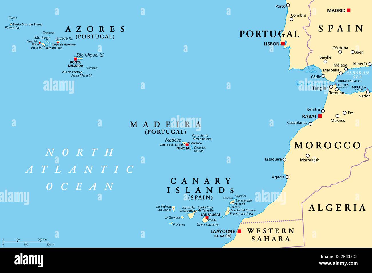 Azoren, Madeira und Kanarische Inseln, politische Landkarte. Autonome Regionen Portugals und Spaniens, Inselgruppen vulkanischer Inseln, in der Region Macaronesien. Stockfoto