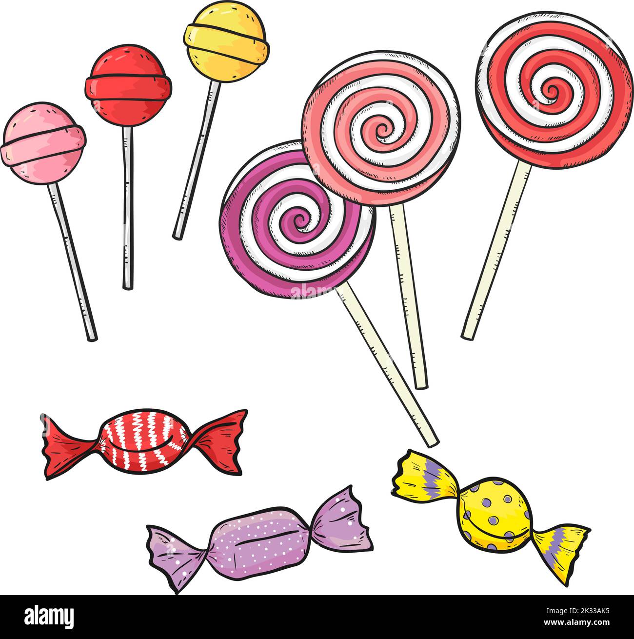 Bunte Bonbons und Lutscher isoliert auf Weiß. Süßigkeiten-Set. Vektorgrafik Stock Vektor
