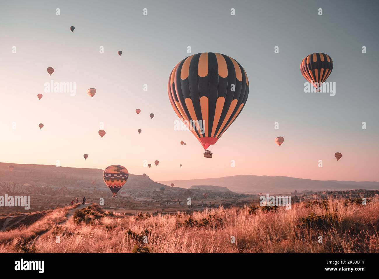 Bunte Heißluftballons. Beliebte Touristenattraktion - Sonnenaufgangsbeobachtung in Kappadokien. Landschaftlich schöner Blick über das herbstliche Orangengrasfeld. Erstaunliche natürliche Sommermorgendlandschaft. Die beste berühmte Lage für Reisen Stockfoto