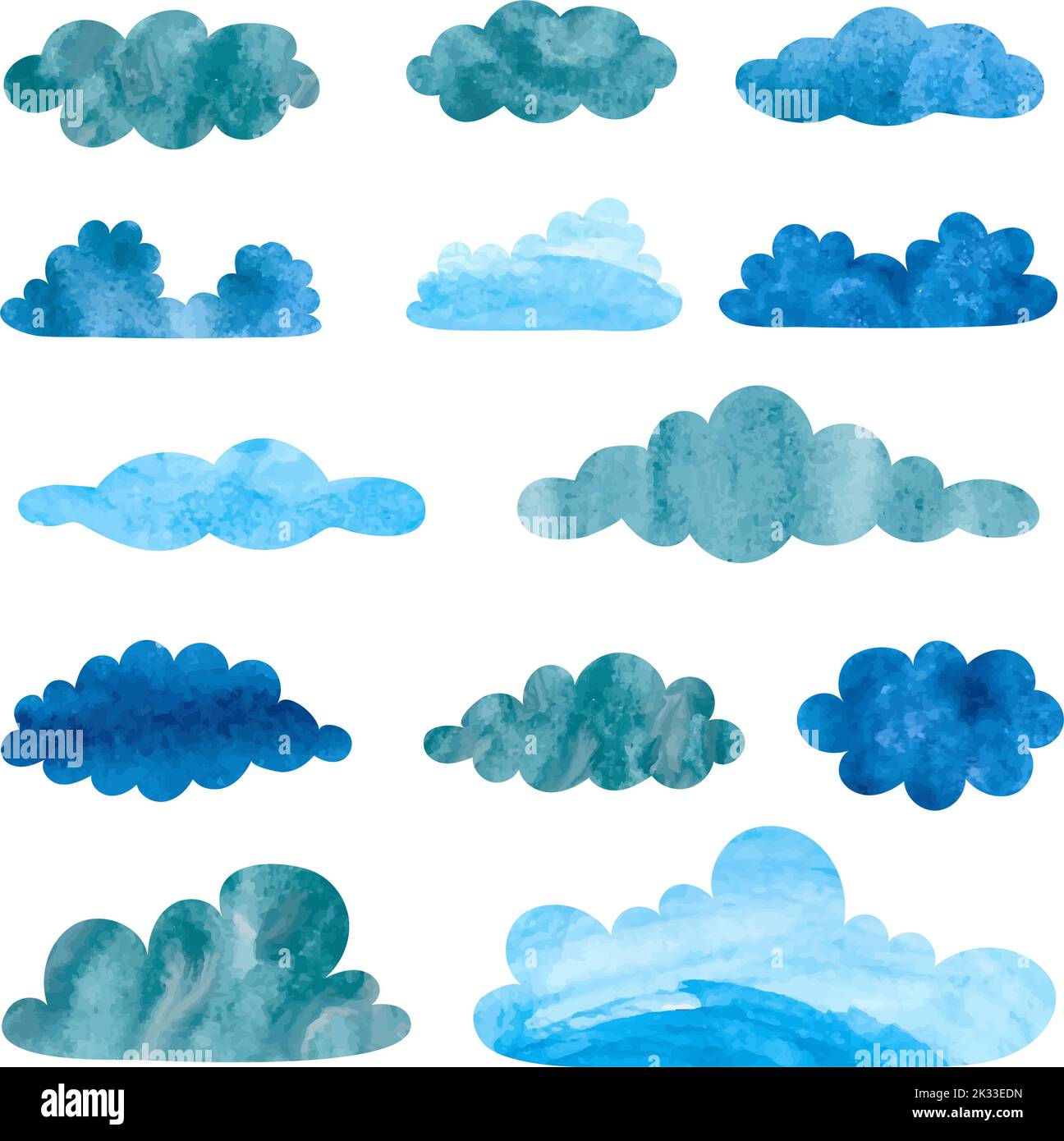 Eine Reihe von Regenwolken in Aquarellfarben. Ansammlung von Gewitterwolken, isoliert auf weiß Stock Vektor