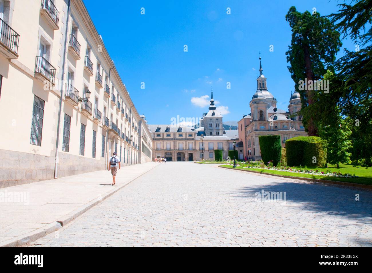 Palast und Stiftskirche. La Granja de San Ildefonso, Provinz Segovia, Castilla Leon, Spanien. Stockfoto