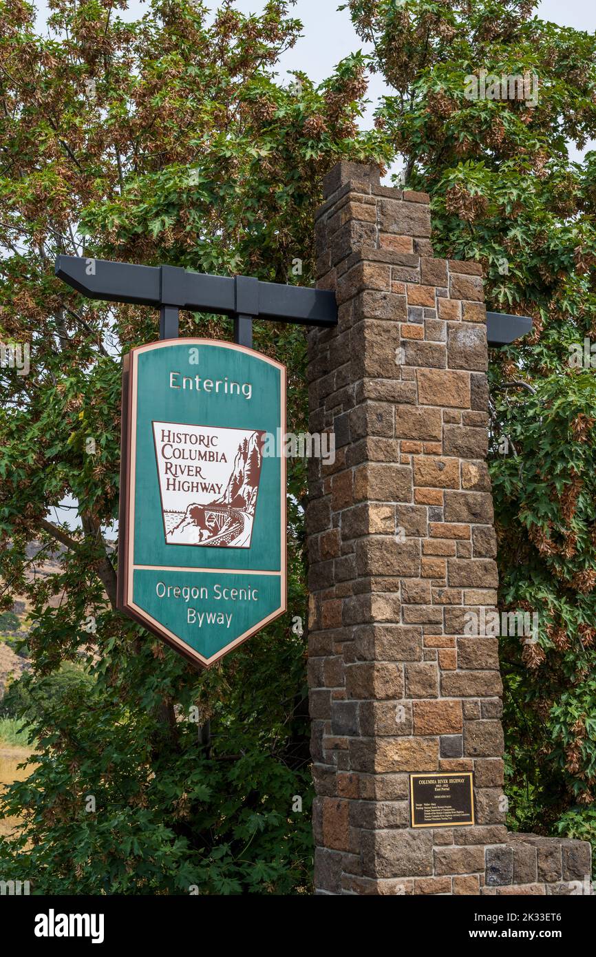 Straßenschild des historischen Columbia River Highway, Hood River, Oregon, USA Stockfoto