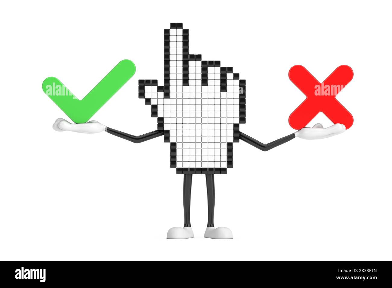 Pixel Hand Cursor Maskottchen Person Zeichen mit rotem Kreuz und grünem Häkchen, bestätigen oder verweigern, Ja oder Nein Symbol Zeichen auf weißem Hintergrund. 3D Renderin Stockfoto