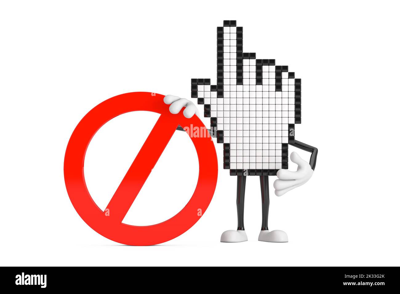 Pixel Hand Cursor Maskottchen Person Charakter mit rotem Verbot oder Verbotene Zeichen auf weißem Hintergrund. 3D Rendering Stockfoto