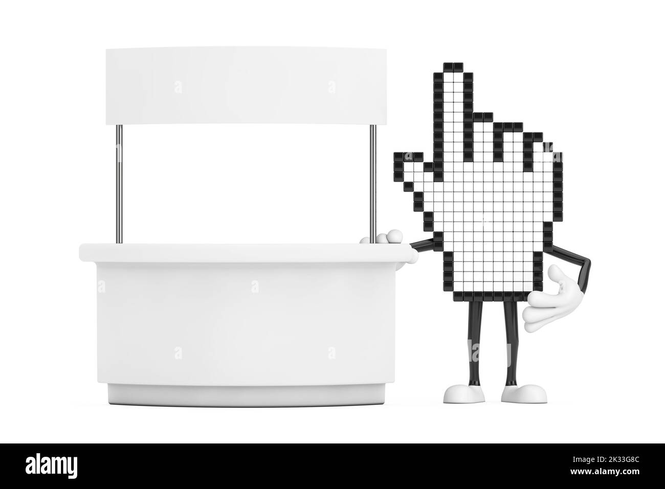 Pixel Hand Cursor Maskottchen Person Charakter in der Nähe von Blank Promotion-Stand mit freiem Platz für Ihr Design auf einem weißen Hintergrund. 3D Rendering Stockfoto