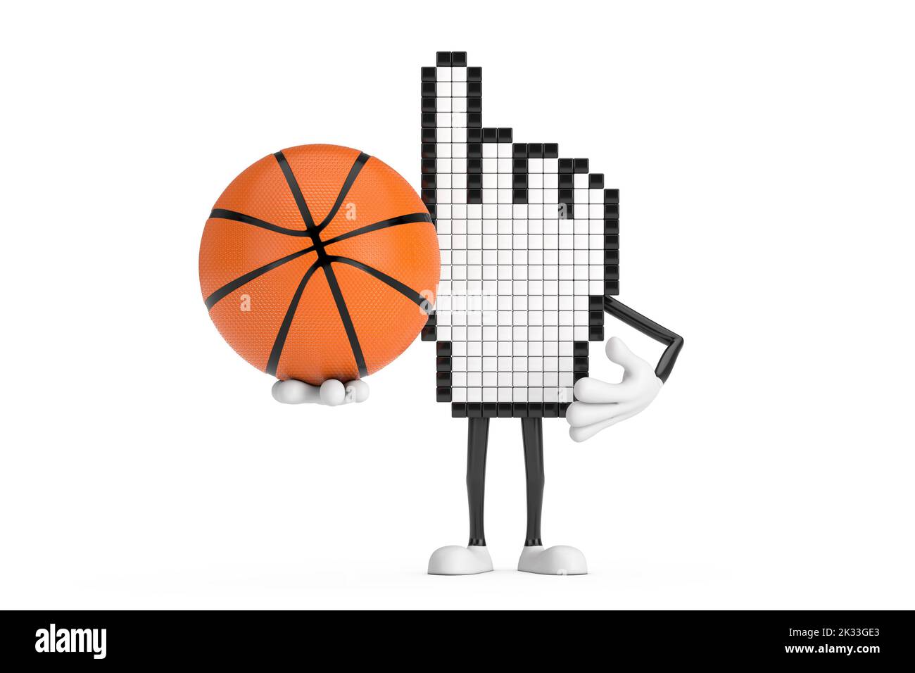 Pixel Hand Cursor Maskottchen Person Charakter mit Basketball Ball auf weißem Hintergrund. 3D Rendering Stockfoto