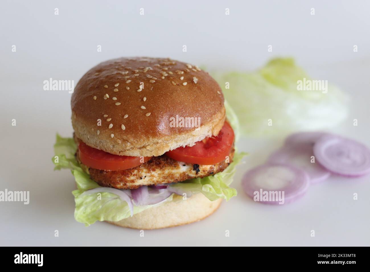 Hausgemachter Hüttenkäse-Burger. Paneer- oder Quark-Patties, Tomaten, Zwiebeln und Salat in hausgemachten Burger-Buns. Aufnahme auf weißem Hintergrund Stockfoto