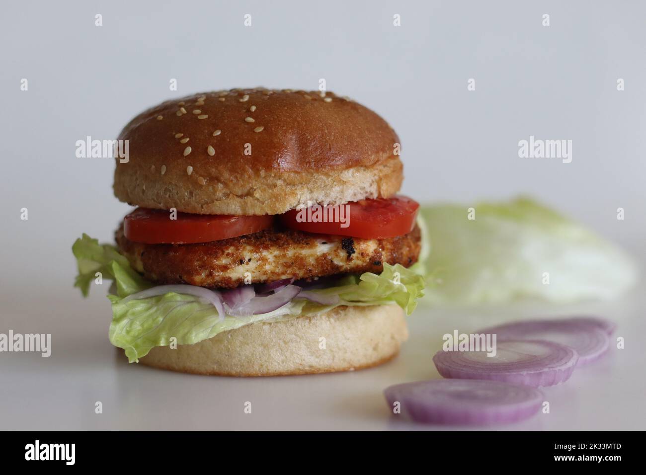 Hausgemachter Hüttenkäse-Burger. Paneer- oder Quark-Patties, Tomaten, Zwiebeln und Salat in hausgemachten Burger-Buns. Aufnahme auf weißem Hintergrund Stockfoto