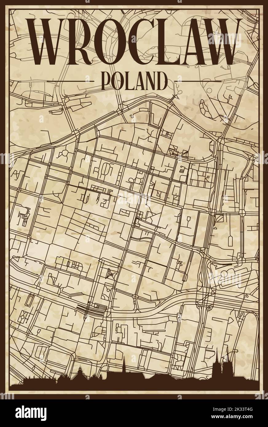 Braun vintage handgezeichneten Ausdruck Straßen Netzwerk Karte der Innenstadt VON BRESLAU, POLEN mit braunen Stadt Skyline und Schriftzug Stock Vektor