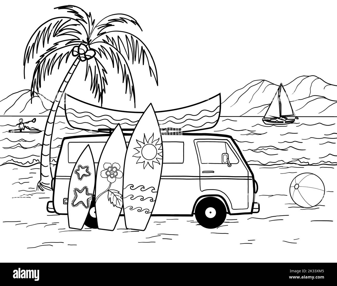 Ein Wohnmobil mit einer Gruppe Surfbrett und einem Kajakboot auf einer tropischen Strandinsel. Van Leben, Surfen im Freien Urlaub im Sommerurlaub. Stockfoto