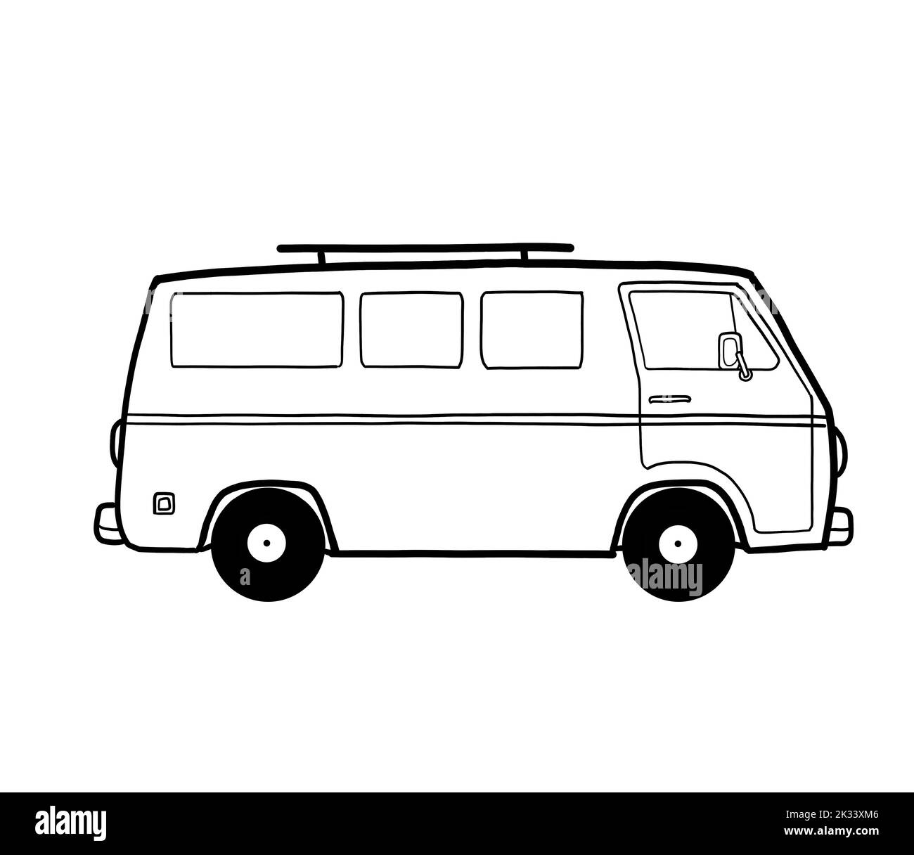 Eine schwarz-weiße Handzeichnung eines Wohnwagens oder Wohnmobils. Van Life Road Trip Freiheit Lifestyle. Stockfoto