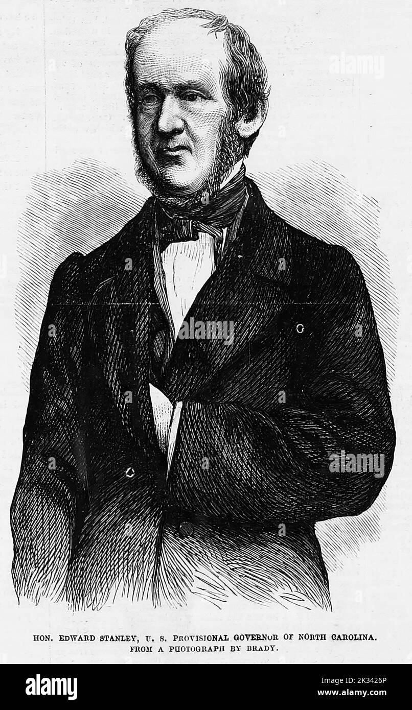 Porträt von Edward Stanley, provisorischer Gouverneur der USA von North Carolina. 1862. 19. Jahrhundert American Civil war Illustration aus Frank Leslie's Illustrated Newspaper Stockfoto