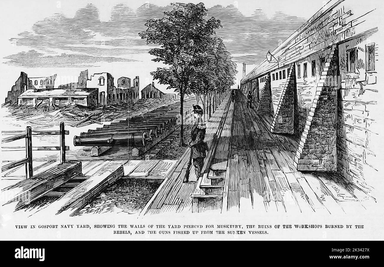 Blick in Gosport Navy Yard, Virginia, zeigt die nach Musketry durchbohrten Wände des Yard, die Ruinen der von den Rebellen verbrannten Werkstätten und die von den versunkenen Schiffen gefischten Waffen. Juni 1862. Illustration des amerikanischen Bürgerkriegs des 19.. Jahrhunderts aus Frank Leslie's Illustrated Newspaper Stockfoto