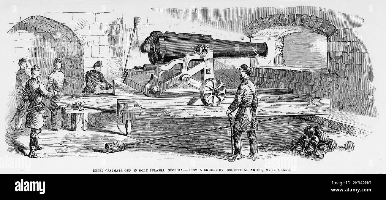 Rebellen-Kasematenkanone in Fort Pulaski, Georgia. 1862. 19. Jahrhundert American Civil war Illustration aus Frank Leslie's Illustrated Newspaper Stockfoto