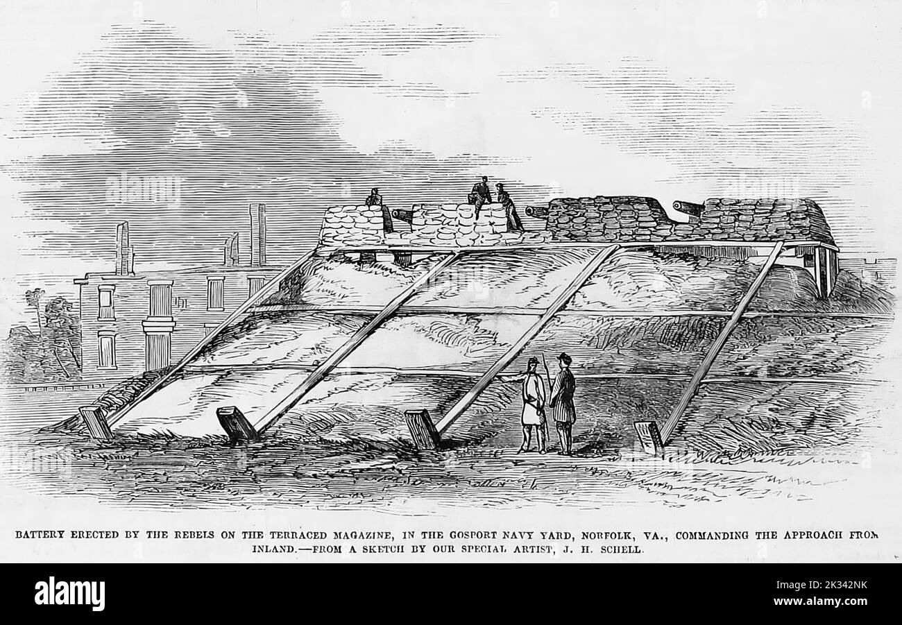 Batterie, die von den Rebellen auf dem terrassenförmigen Magazin in der Gosport Navy Yard, Norfolk, Virginia, aufgestellt wurde und den Zugang vom Inland aus befehligen sollte. Juni 1862. Illustration des amerikanischen Bürgerkriegs des 19.. Jahrhunderts aus Frank Leslie's Illustrated Newspaper Stockfoto