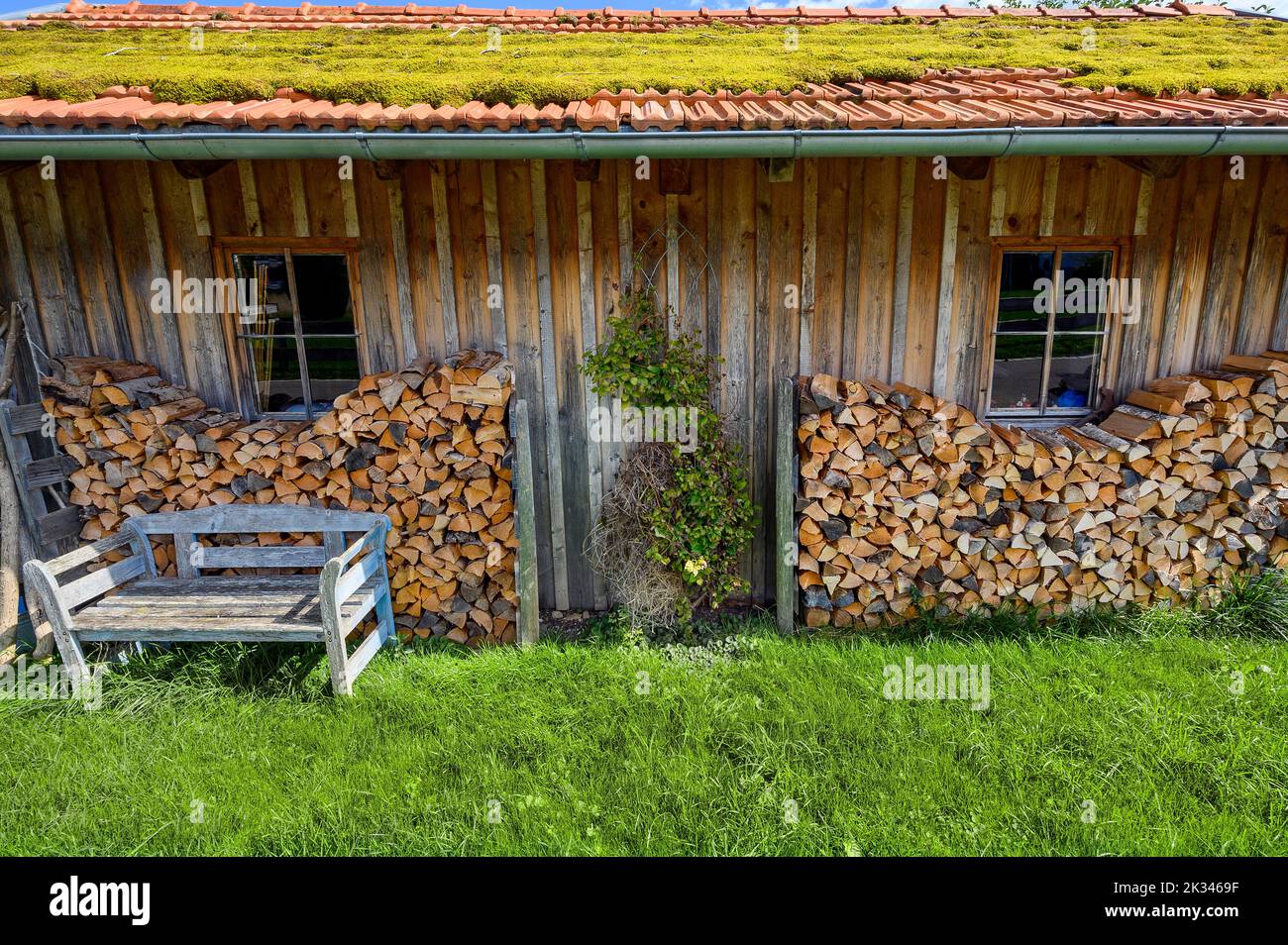 Hütte mit moosem Dach und Brennholz-Haufen, Allgäu, Bayern, Deutschland Stockfoto