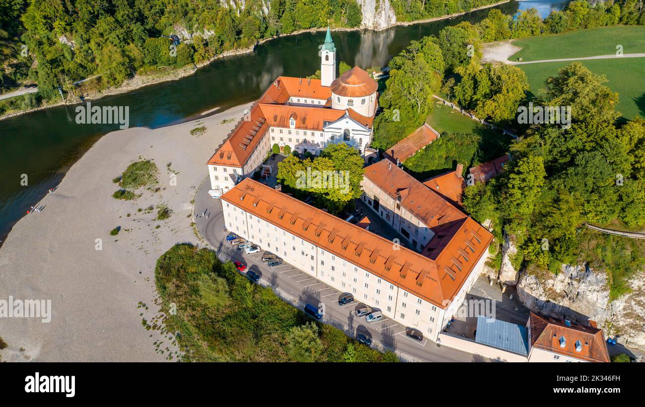 Luftaufnahme des Klosters Weltenburg, Benediktinerabtei, an der Donau, Kelheim, Bayern, Deutschland Stockfoto