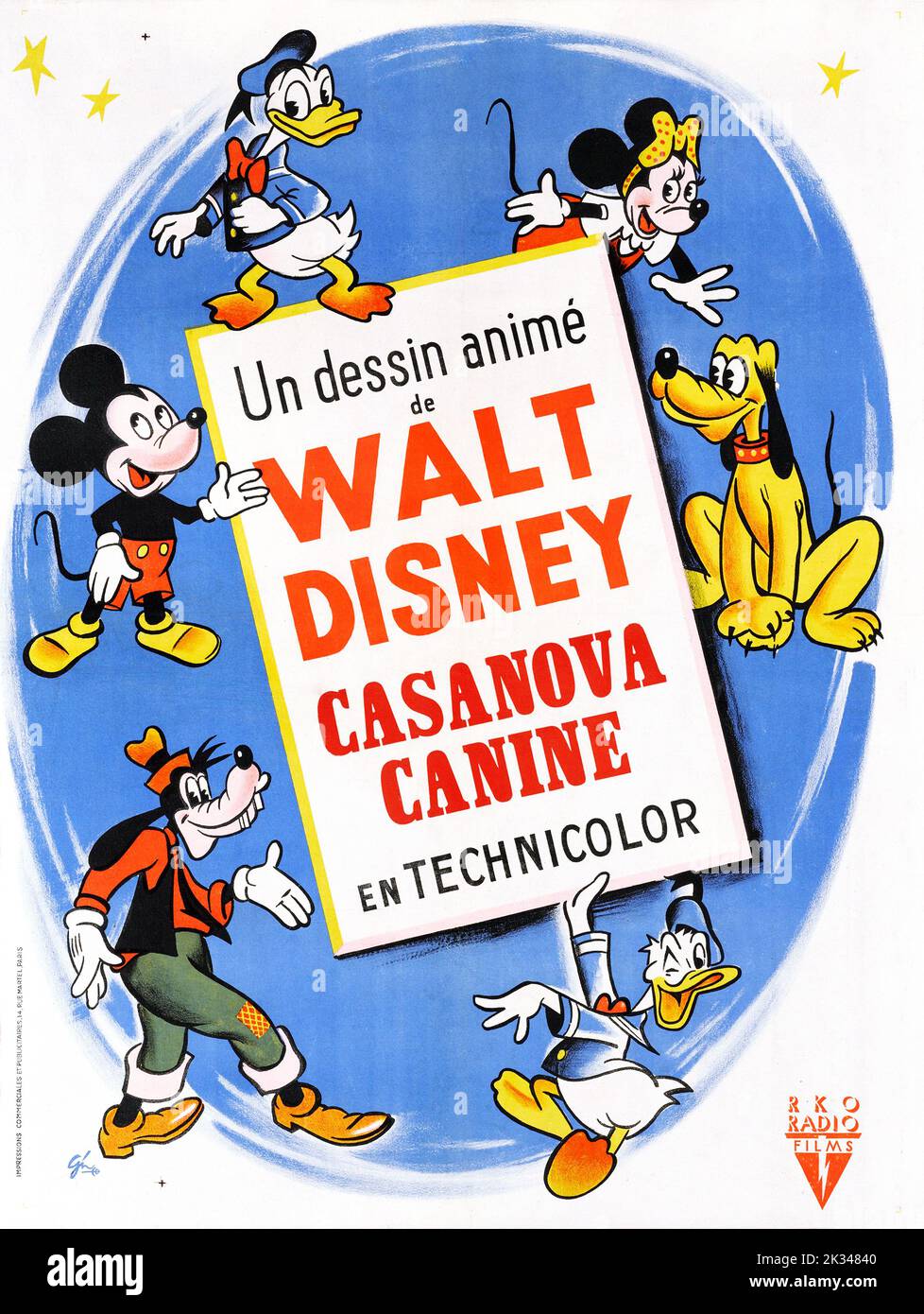 Vintage 1940s Französisches Filmplakat für - Canine Casanova / Casanova Canine (1945) Walt Disney Figuren Pluto, Mickey Mouse, Goofy, Donald Duck, Stockfoto