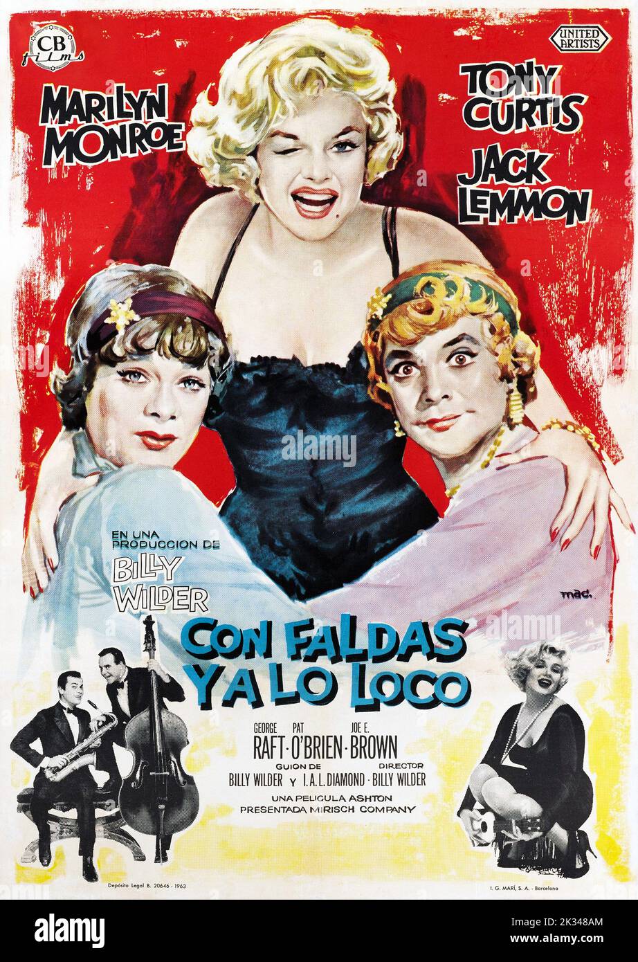 Spanisches Filmplakat für - Some Like IT Hot (1963). Spanisch, Ein Blatt. Marilyn Monroe, Jack Lemmon, Tony Curtis (Con Faldas Ya Lo Loco) Stockfoto