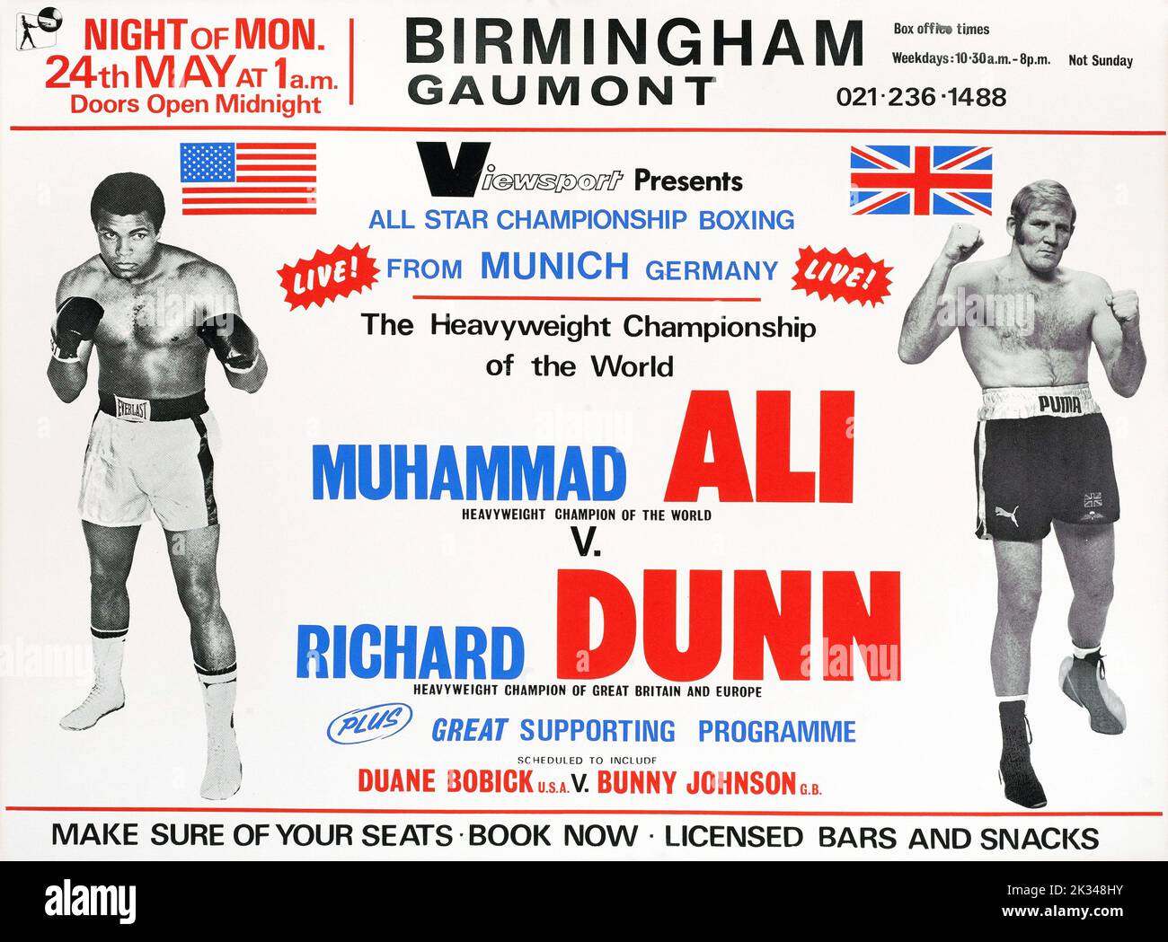 Kampfplakat für Muhammad Ali gegen Richard Dunn. Schwergewicht-Weltmeisterschaft des Weltkampfes, die 1976 in München, Deutschland, stattfand Stockfoto