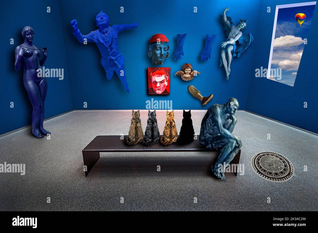 Komponieren, vier Katzen in der Betrachtung skurrilen Kunstes, Bayern, Deutschland Stockfoto
