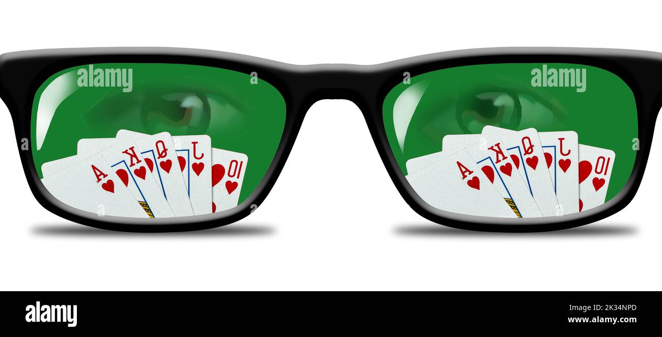 Die Karten spiegeln sich in den Brillen eines Pokerspielers in dieser 3-d-Ermutigung wider. Stockfoto