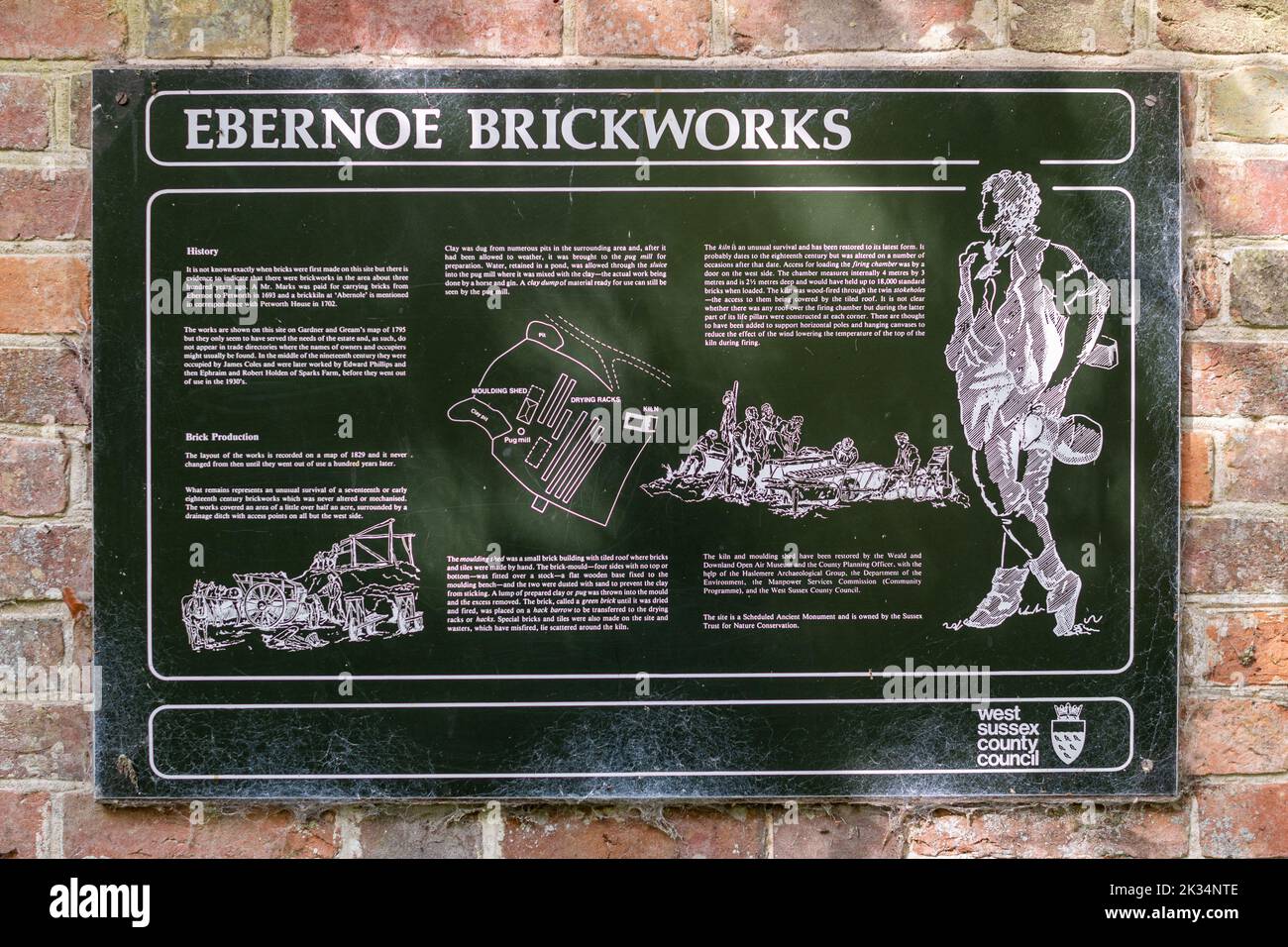 Ebernoe Gemeinsame Überreste alter Ziegelgebäude und Brennofen im Wald, West Sussex, England, Großbritannien. Informationstafel über den restaurierten Formschuppen Stockfoto