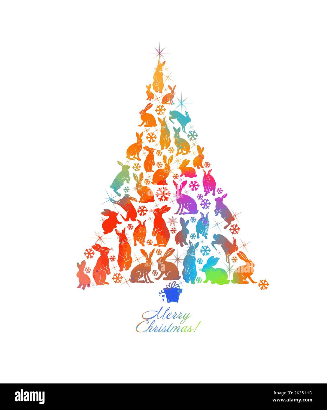 Baum der Hasen. Frohes Neues Jahr 2023. Wunderschöne weihnachtskarte. Vektorgrafik Stock Vektor