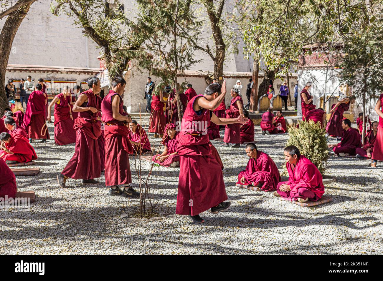 Die debattierenden Mönche im Kloster Sera Lhasa Tibet China - wunderbar, den sehr animierten und klatschenden Mönchen zuzusehen, wenn sie etwas sagen Stockfoto