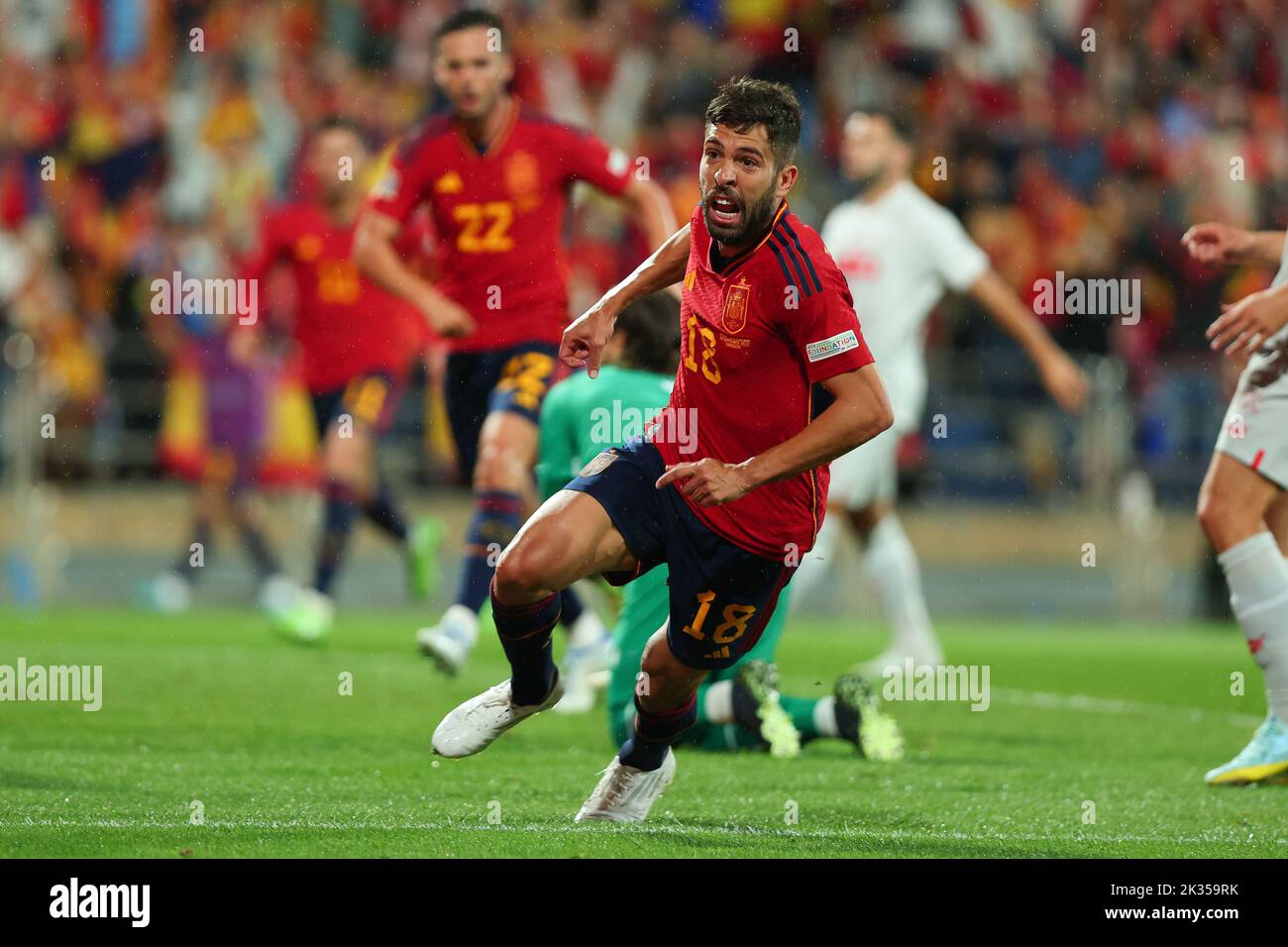 Jordi Alba aus Spanien feiert ein Tor während der UEFA Nations League Ein Spiel der Gruppe 2 zwischen Spanien und der Schweiz am 24. September 2022 in La Romareda in Zaragoza, Spanien Stockfoto