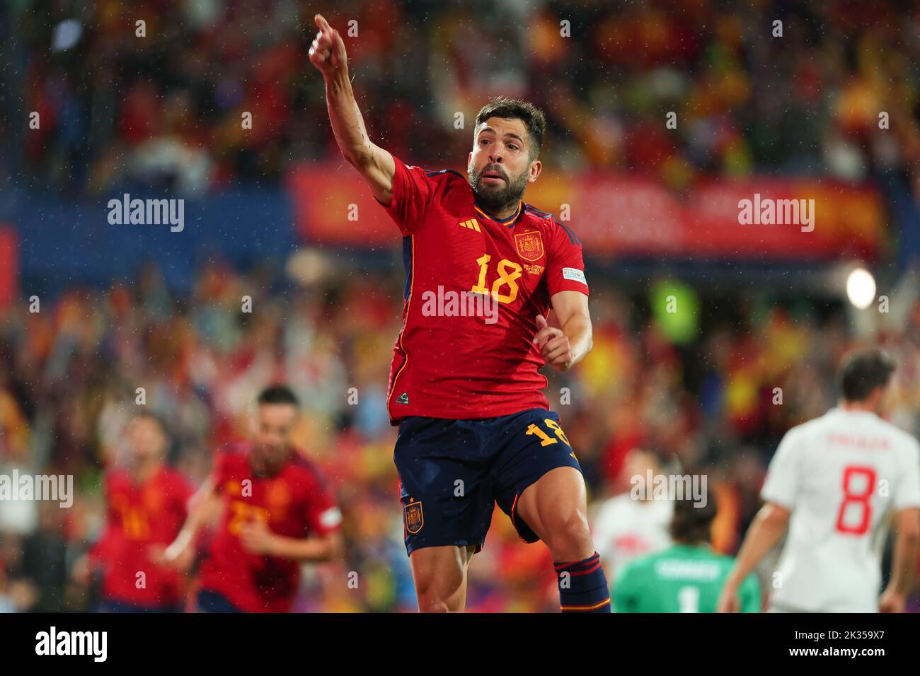 Jordi Alba aus Spanien feiert ein Tor während der UEFA Nations League Ein Spiel der Gruppe 2 zwischen Spanien und der Schweiz am 24. September 2022 in La Romareda in Zaragoza, Spanien Stockfoto