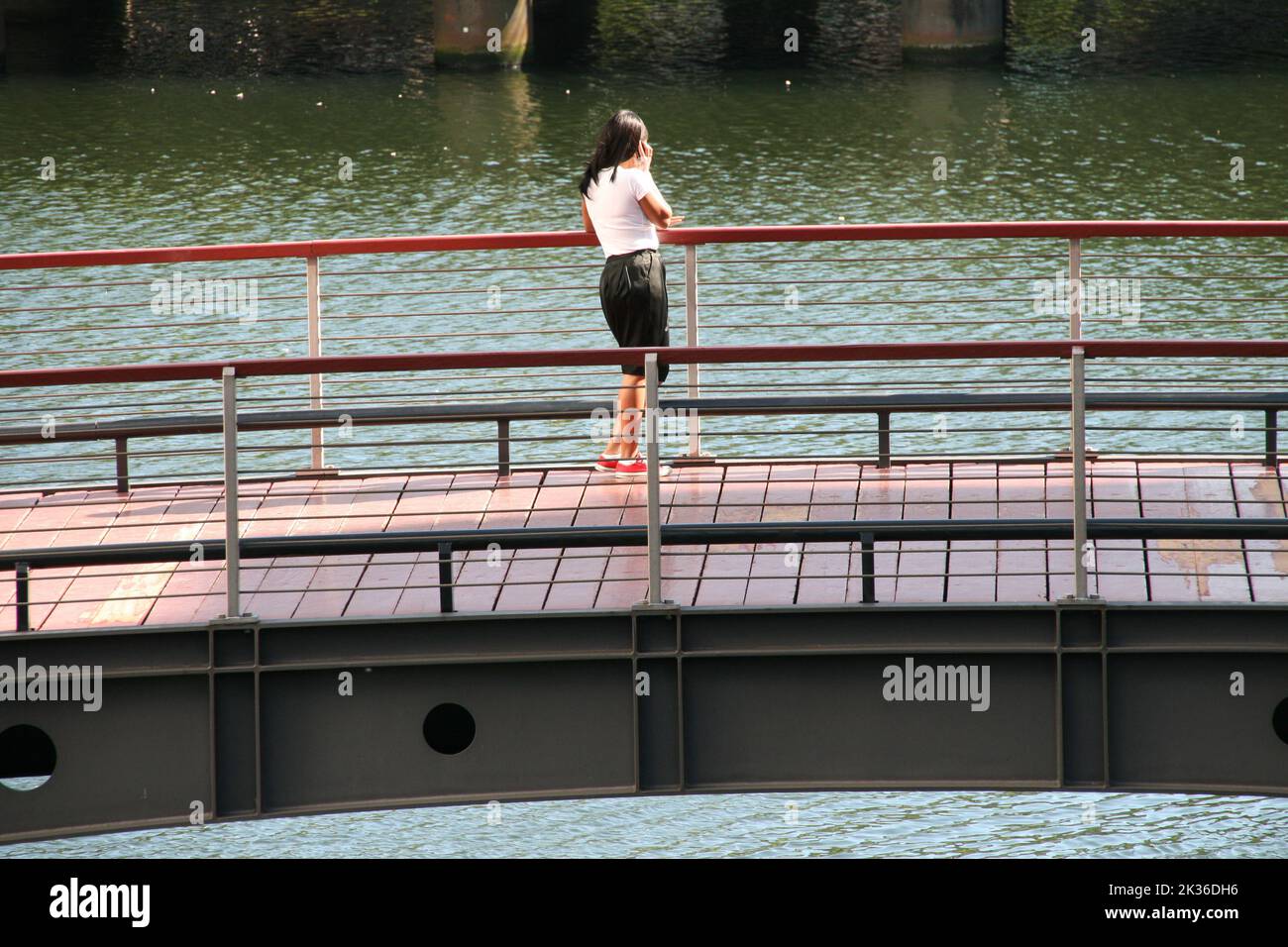 Eine Frau lehnte sich an ein Brückengeländer und sprach in einem Park mit dem Telefon Stockfoto