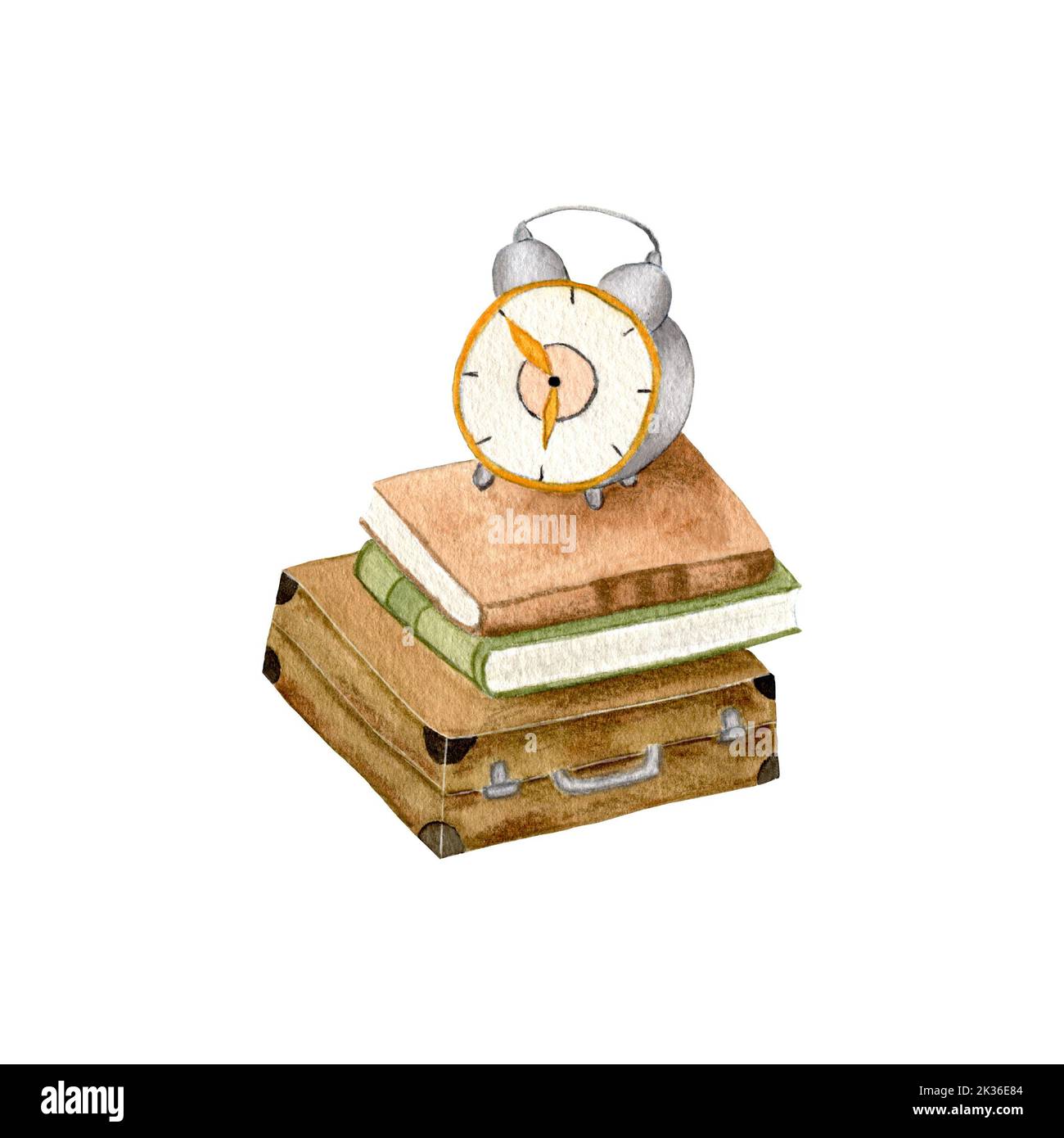 Aquarell alter Koffer mit Büchern und Vintage-Uhr. Lederkoffer In Braun. Alter Wecker. Illustration isoliert auf weißem Hintergrund.Herbstzeit Stockfoto