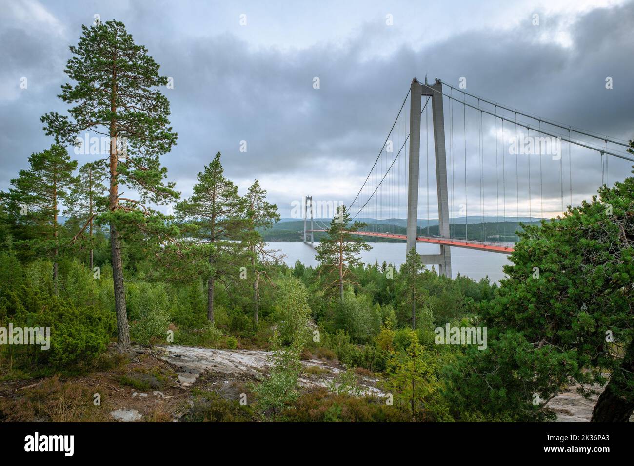 Hogakustenbron, Hängebrücke im Hochküstengebiet in Sweedn an einem bewölkten Tag. Startpunkt des Hoga Kusten Trails. Stockfoto