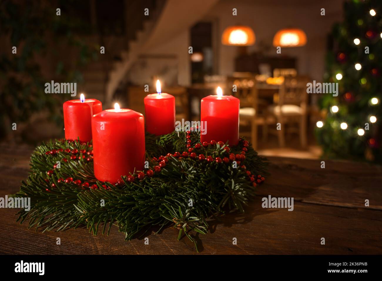 Geschmückter Adventskranz aus Tannenzweigen mit roten brennenden Kerzen auf einem dunklen Holztisch, Wohnzimmer mit im Hintergrund verschwommenem Weihnachtsbaum, Stockfoto