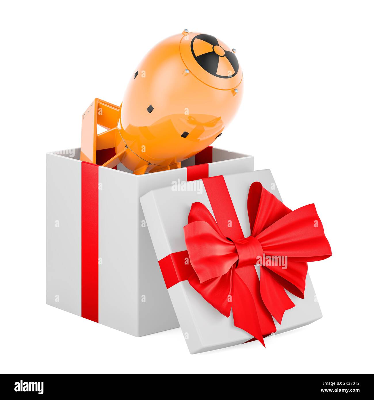 Atombombe im Geschenkkarton, Geschenkkonzept. 3D Darstellung isoliert auf weißem Hintergrund Stockfoto
