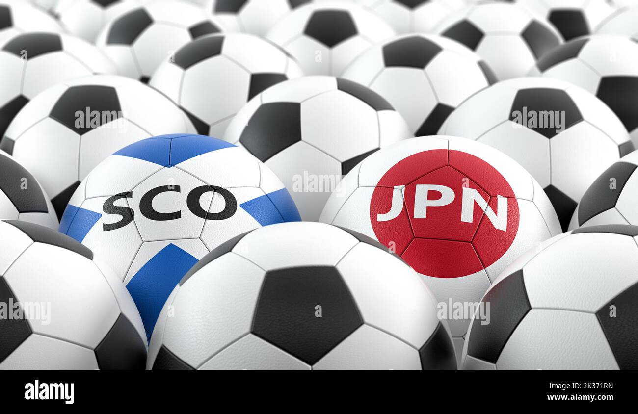 Schottland vs. Japan Soccer Match - Lederkugeln in Schottland und Japan Nationalfarben. 3D Rendering Stockfoto