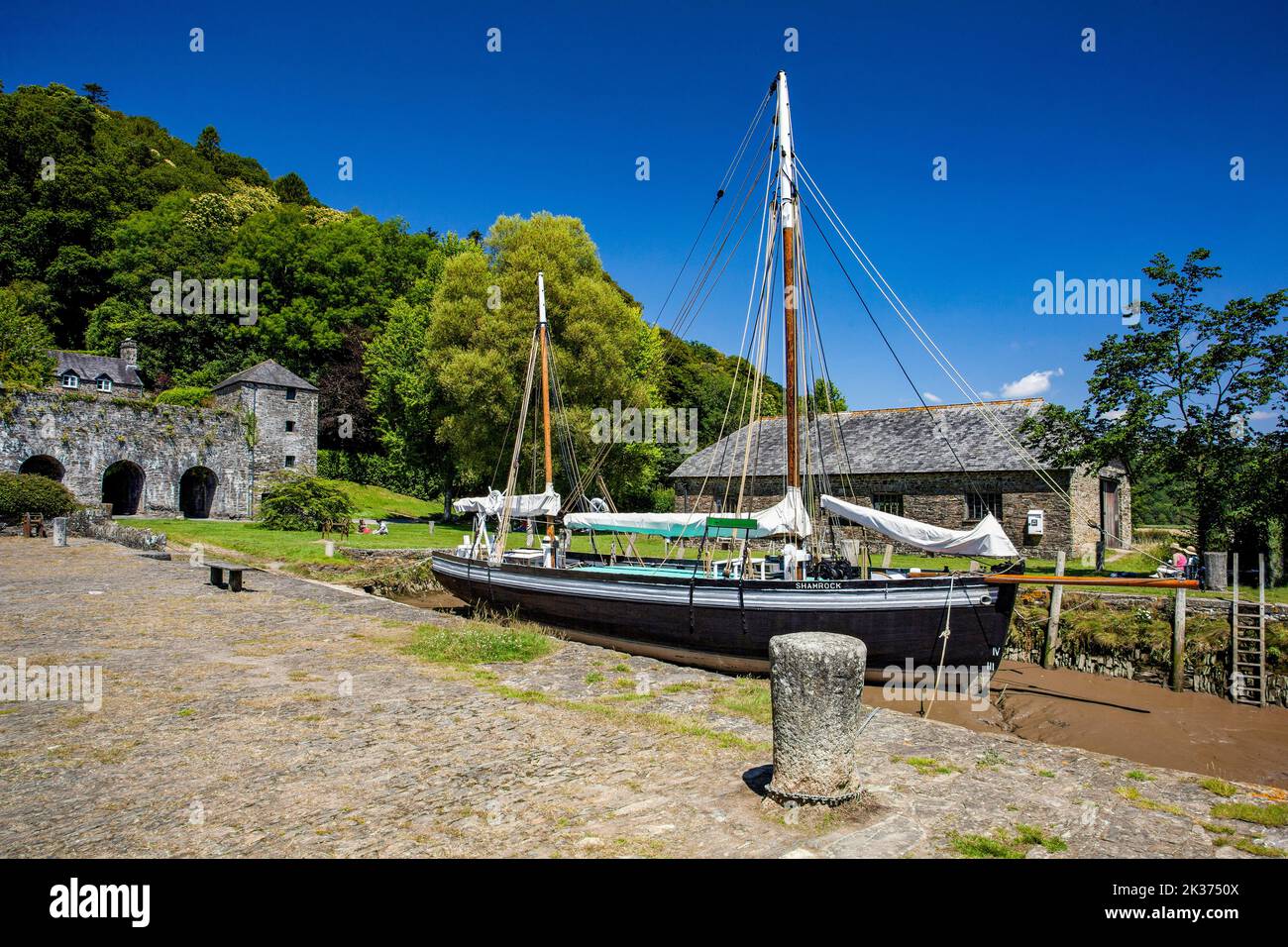 Shamrock, ein 1899 Tamar Segelschiff, das am Cothele Quay am Fluss Tamar Cornwall, England, Großbritannien, erhalten wird Stockfoto