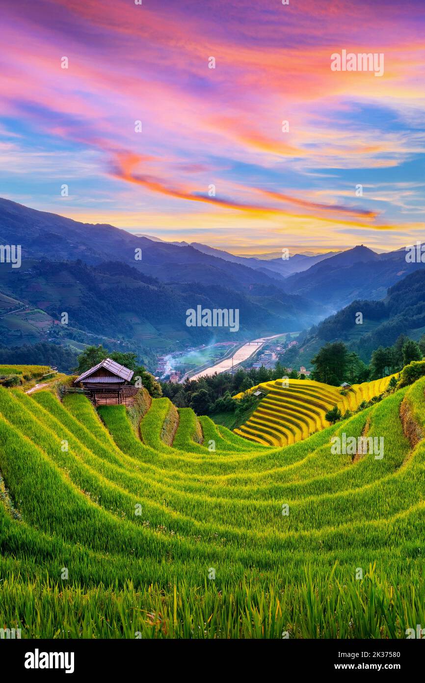 Wunderschöne Reisterrassen bei Sonnenuntergang in Mu cang Chai, Vietnam. Stockfoto