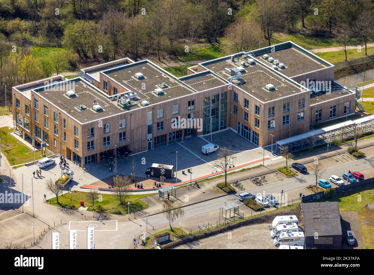 Luftaufnahme, Neubau Campus im Holzbau an der Universität Witten Herdecke, Annen, Witten, Ruhrgebiet, Nordrhein-Westfalen, Deutschland, Libr Stockfoto