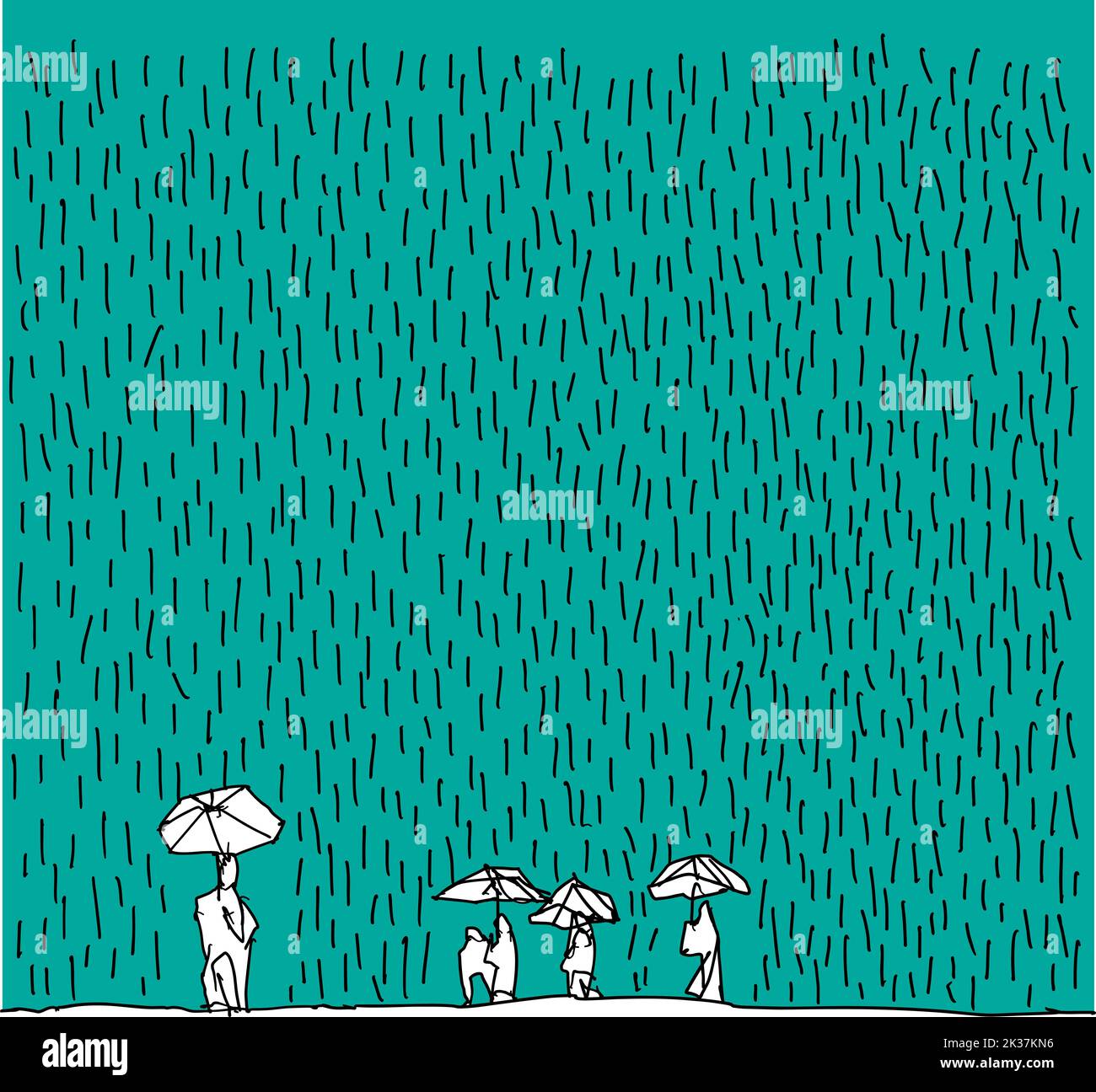 Handgezeichnete Skizze von Menschen mit Regenschirmen bei starkem Regen Stockfoto
