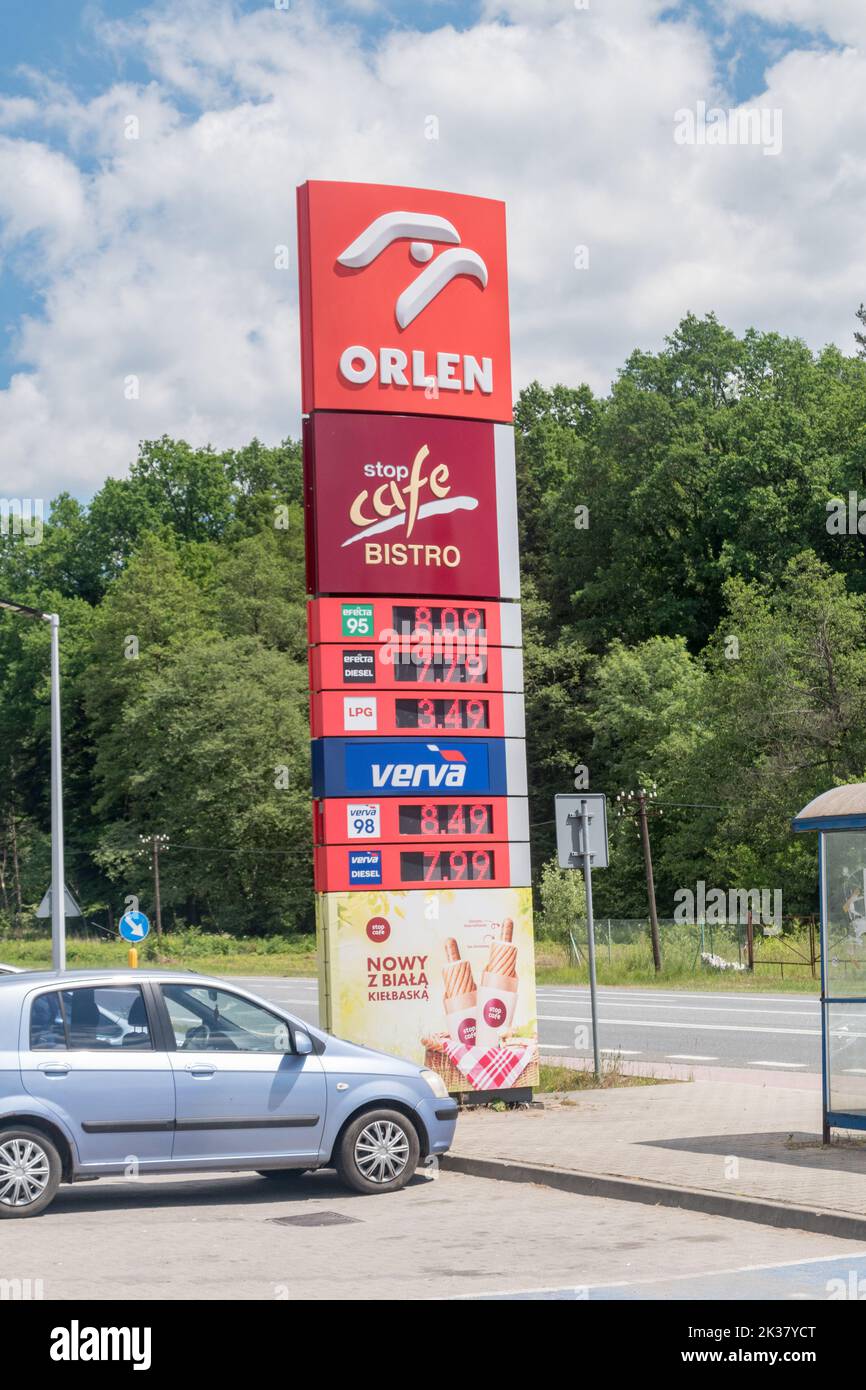 Zyznow, Polen - 12. Juni 2022: Preistafel an der Orlen-Tankstelle. Stockfoto