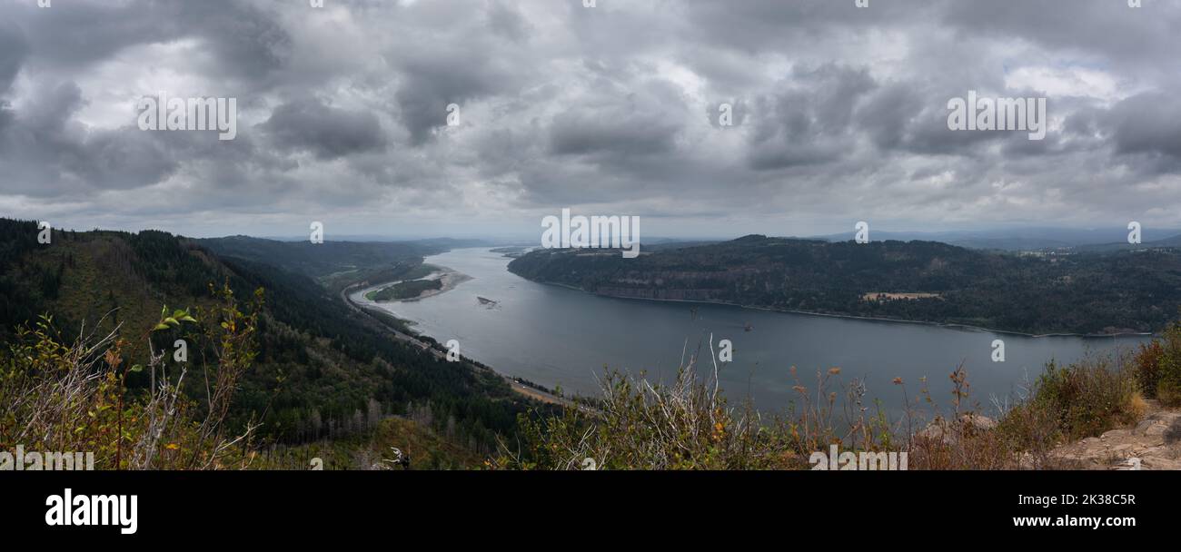 Panoramablick auf die Columbia River Gorge vom Gipfel des Angel's Rest Wanderweges in Oregon Stockfoto