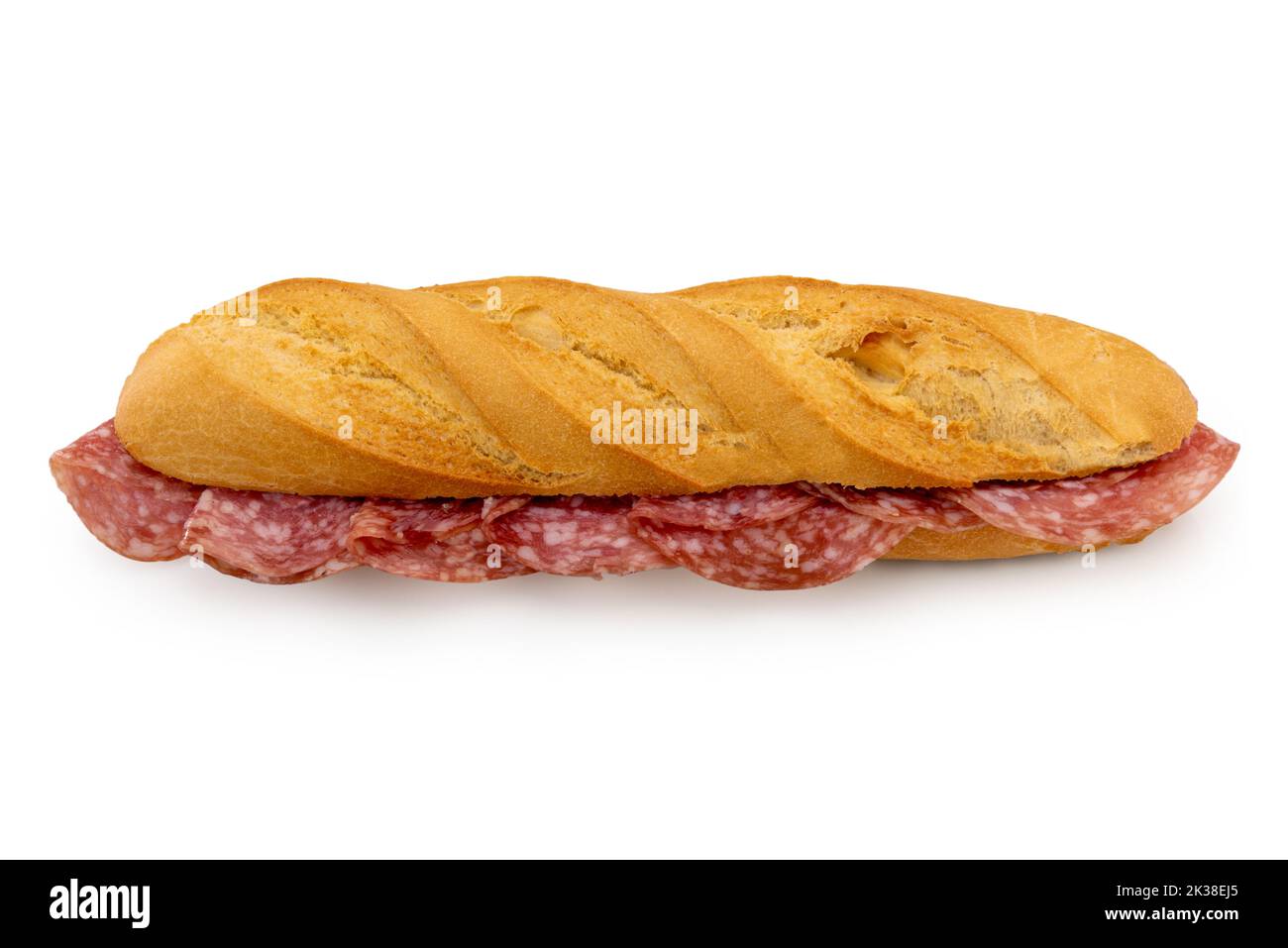Mini-Baguette mit Salami-Wurst, Sandwich isoliert auf weißem, Schneideweg Stockfoto